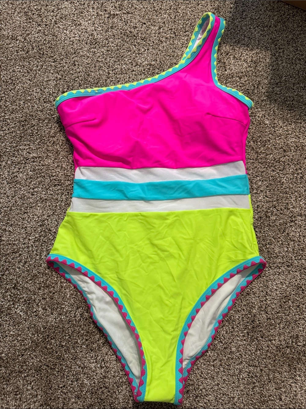NWT Popvil One-Shoulder Neon Pink and Lime Colorblock One-Piece Swimsuit S - Picture 2 of 5